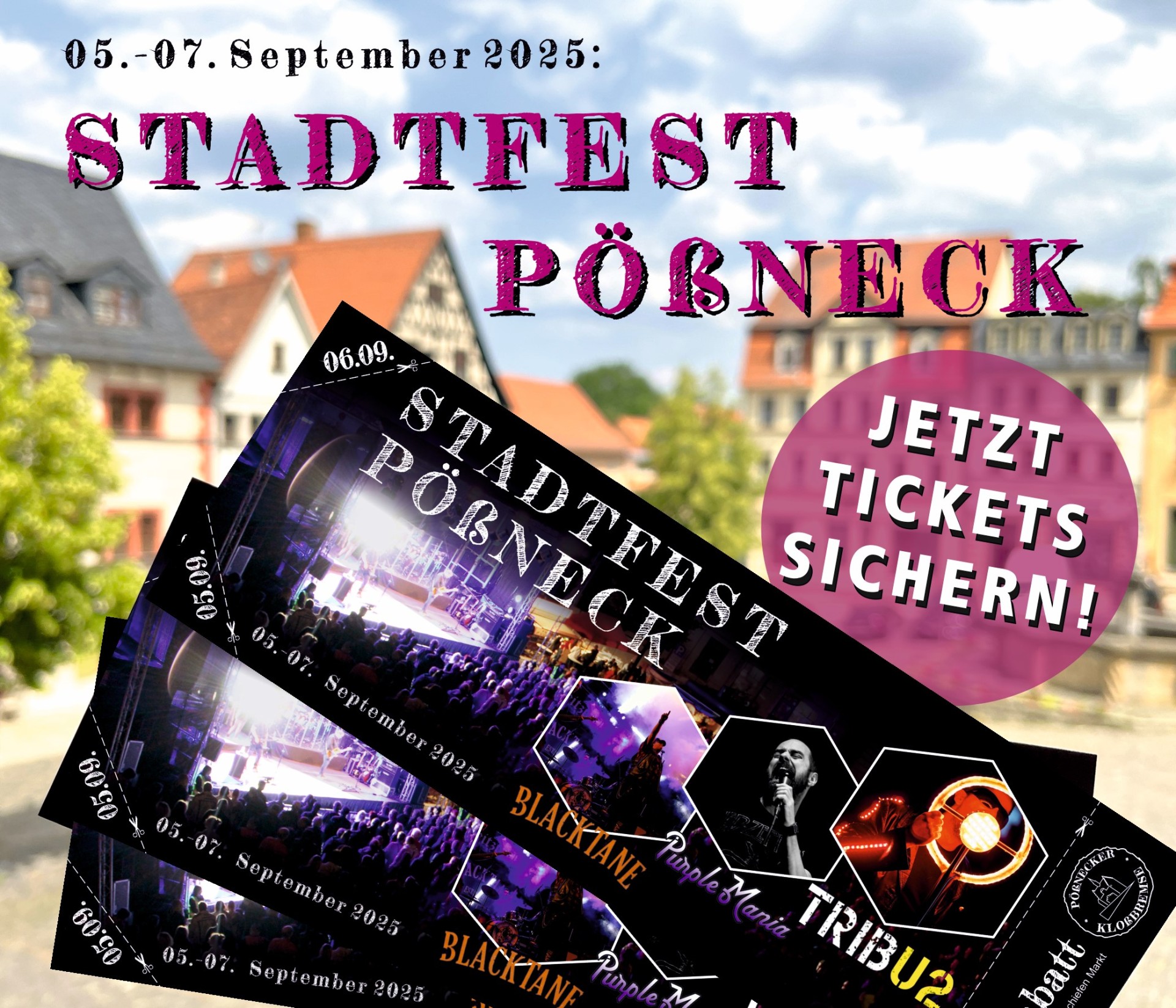 Drei Eintrittskarten, im Hintergrund verschwommen der Pößnecker Marktplatz