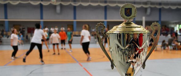 Goldener Pokal, dahinter unscharf Mannschaften beim Volleyballspiel