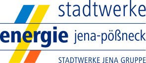 Logo Stadtwerke Energie Jena Pößneck dunkelblauer Schriftzug der Stadtwerke Energie mit diagonalen Streifen in blau, gelb und orange
