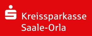 Logo Kreissparkasse Saale-Orla rotes Rechteck mit weißem Schriftzug der Sparkasse