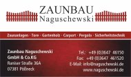 rote Visitenkarte mit Schriftzug "Zaunbau Naguschewski"