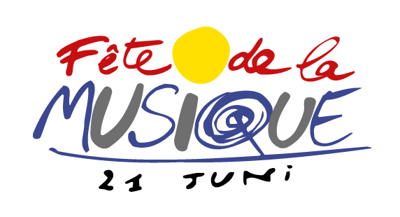 Fete de la Musique Logo Fete de la Musique in roter und blauer Schrift