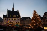 Blick auf abendlichen Weihnachtsmarkt mit stimmungsvoll beleuchtetem Rathaus und Weihnachtsbaum