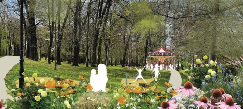 Vision zur LGS - Neustadt Frau mit Kind als weiße Silhouette in einem Park, dahinter Karussell und spielende Kinder als Silhouette