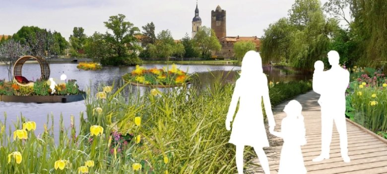 Vision zur LGS - Triptis Familie als weiße Silhouette auf Steg neben Schlossteich Triptis