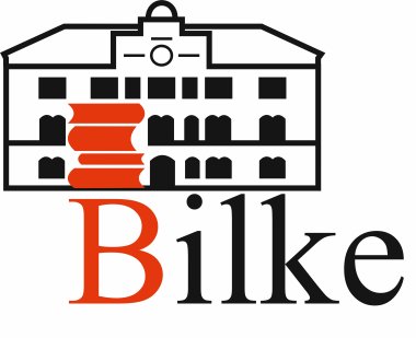 Schriftzug Bilke darüber grafische Darstellung des Bibliotheksgebäudes