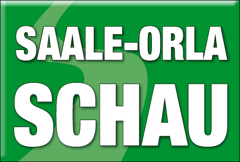 Schriftzug Saale-Orla-Schau in weiß auf grünem Grund