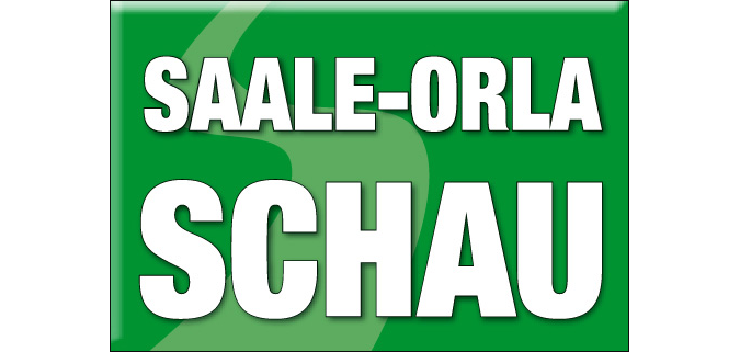 Schriftzug Saale-Orla-Schau in weiß auf grünem Grund