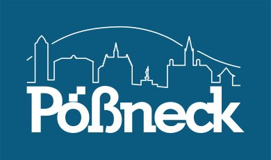 Stadtlogo Pößneck Schriftzug Pößneck, darüber Silhouette der Stadt mit Hausberg