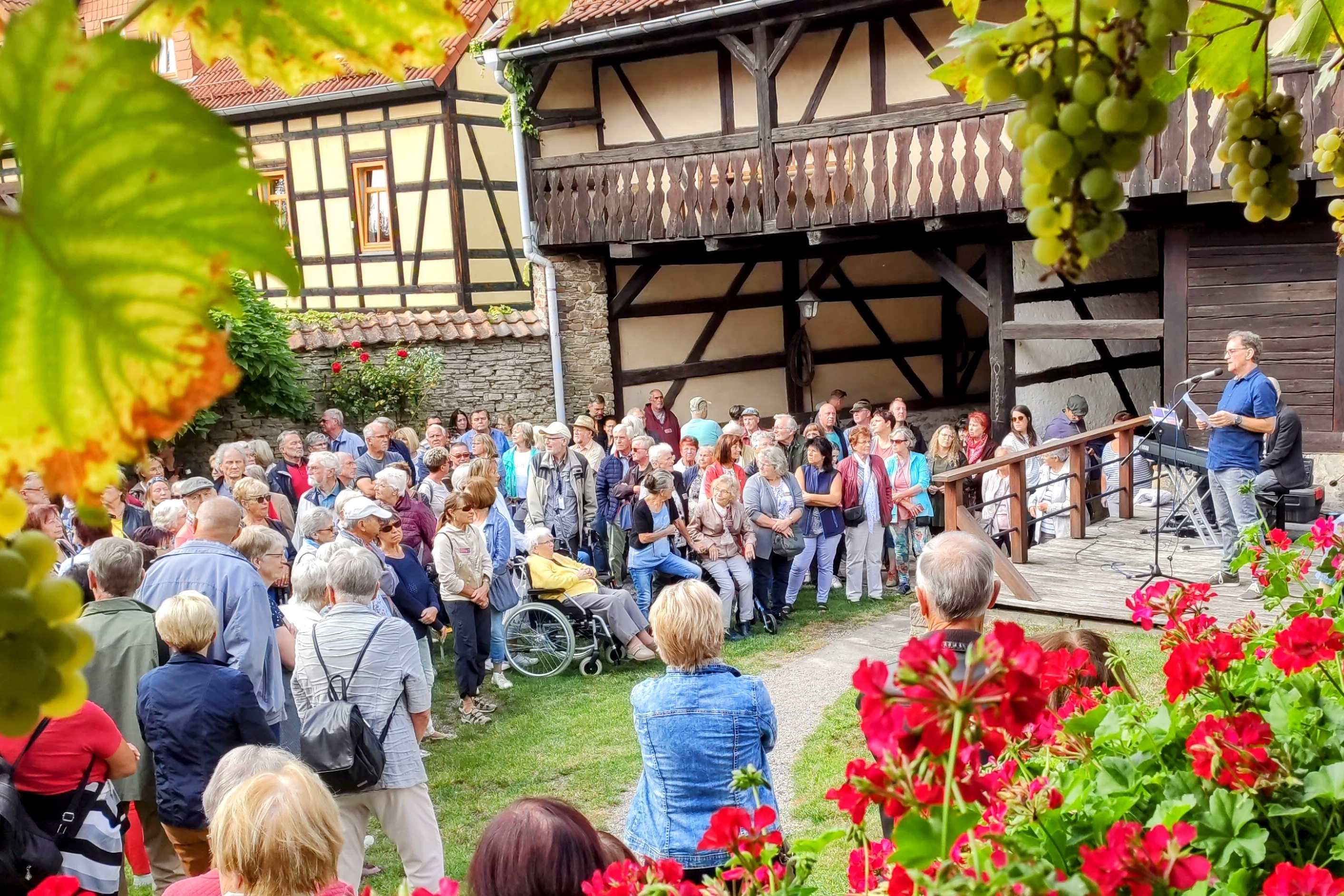 Stadtführung in einem begrünten Fachwerkhof