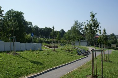 Terrassenartige Grünflächen mit Liegebänken